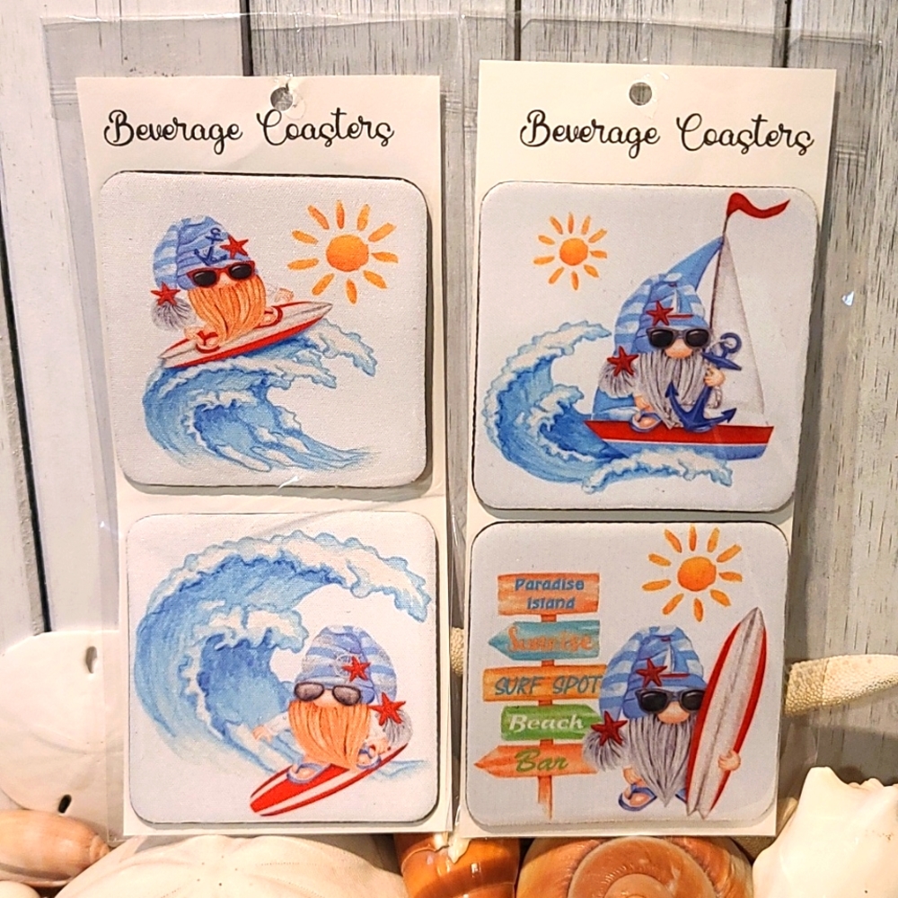 GNOME BEACH Theme NWT Beverage Coaster set of 4 for can glass bottle wine beer…